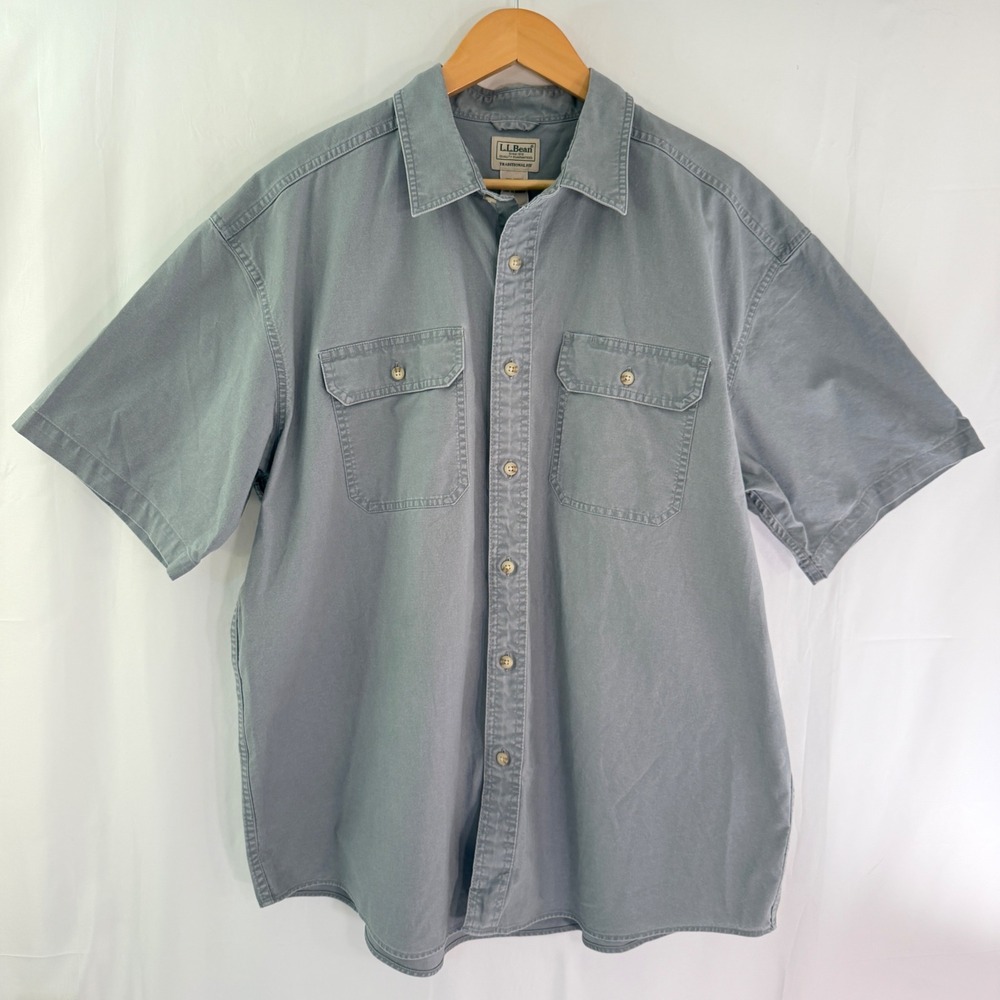 LL Bean Mens XL Short Sleeve Button Down Shirt Gray Traditional Fit Cotton